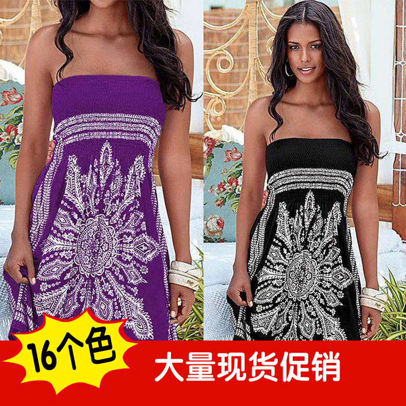 Wrap Chest Printed dress Sleeveless Shoulder Fashion Ethnic Style Wish eBay Amazon Explosion Women's Skirt
