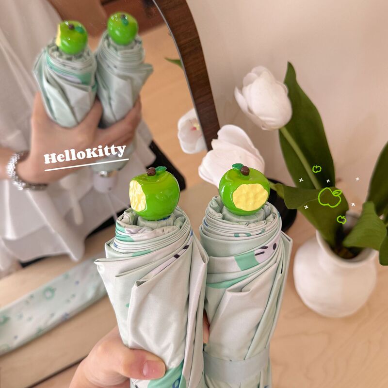 In-Stock Green Apple Cat Small Fresh Sunshade Umbrella Dual-Use Black Coating Uv Protection Folding Sun Umbrella In-Stock Green Apple Cat Small Fresh Sunshade Umbrella Dual-Use Black Coating Uv Protection Folding Sun Umbrella