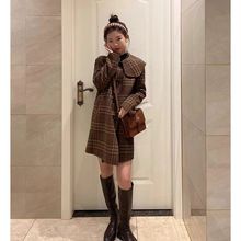 雅丹格子中长款秋冬季双面羊毛大衣小个子美拉德甜美可爱羊毛外套