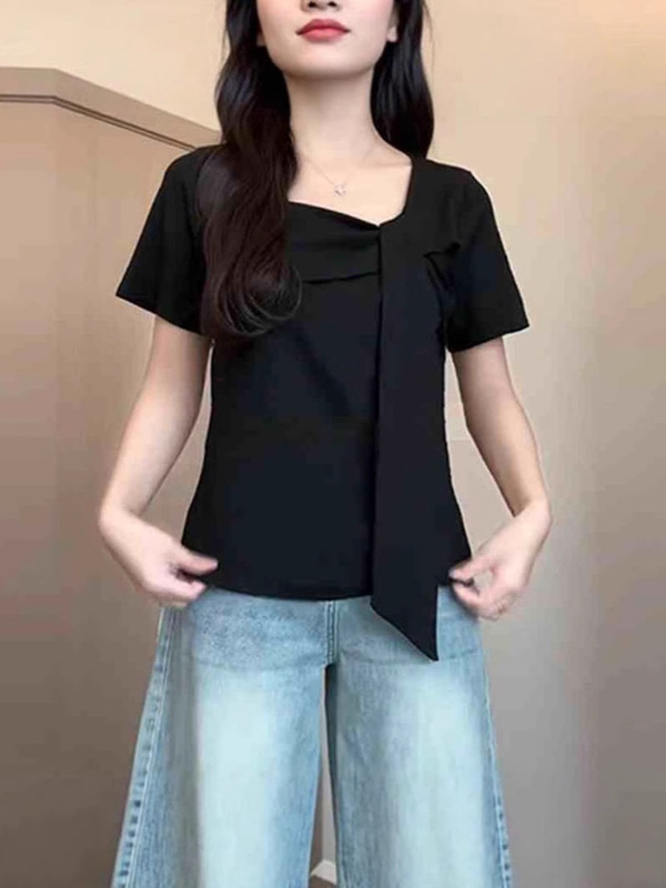 大きいサイズの純綿スクエアネック右肩半袖Tシャツ、夏の太った女性用、スリムでシックで美しい小さなシャツ、不規則なトップス|undefined