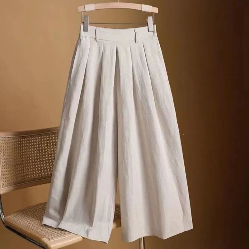 Cotton and Linen Cropped Skirt Pants for Women, High-Waisted, Slimming, Summer Thin Style, Loose Drapey Wide-Leg Pants, Versatile Artistic Casual Pants
