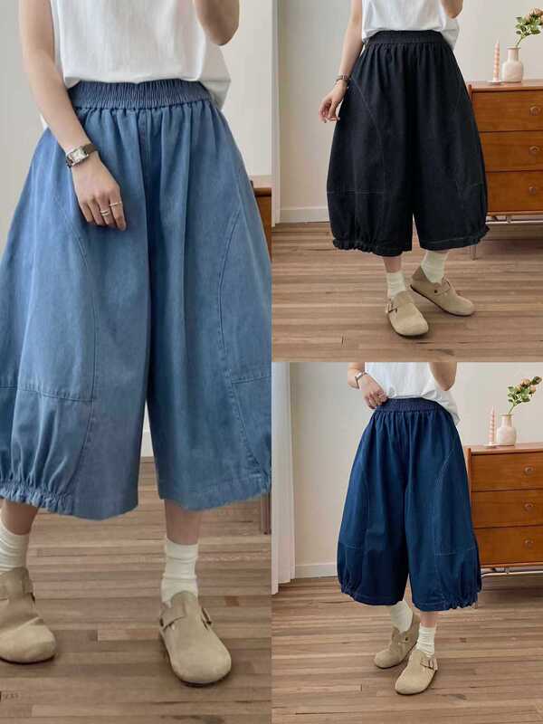 2025 Summer Casual Elastic Waist Jeans Loose Large Size Slim Straight Casual Cropped Pants