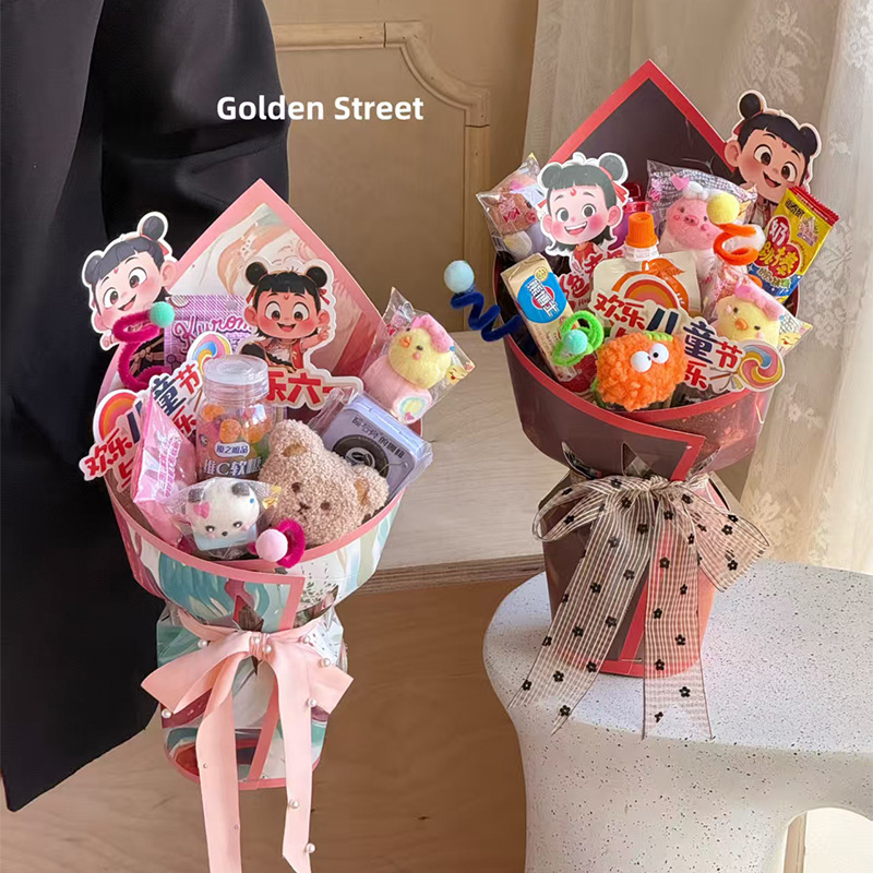 Snacks de celebridades de Internet, ramos de flores, película estereotipada, Día del niño, paquete de película de modelado integrado de dibujos animados de Nezha, artefacto de flores al por mayor