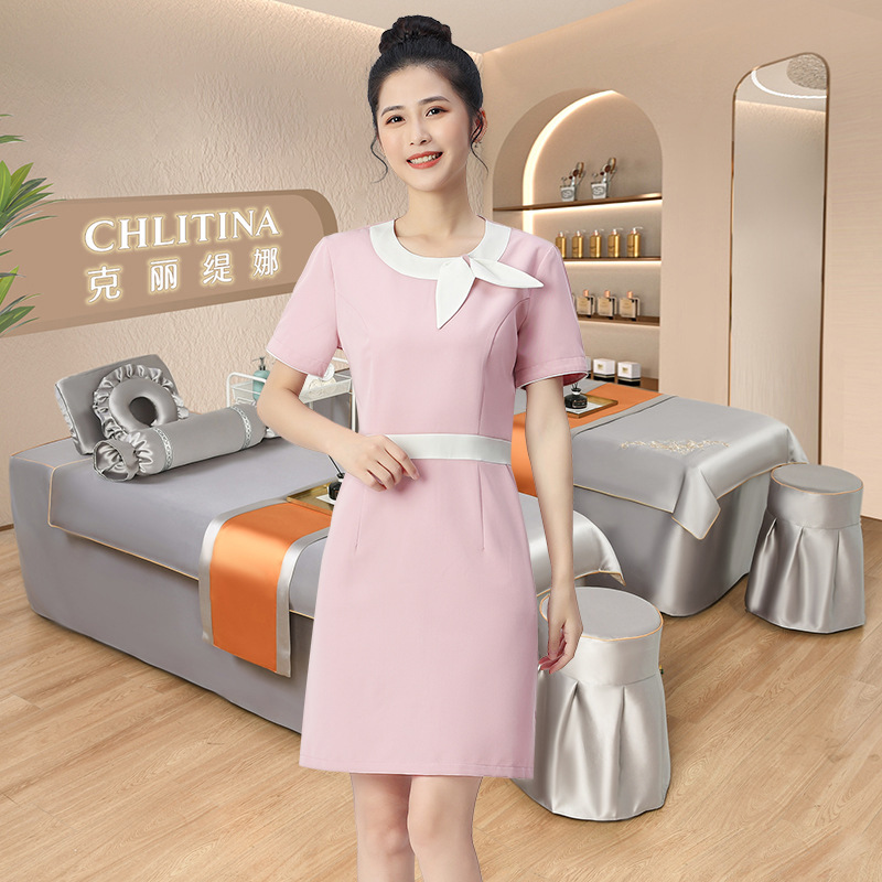 美容院工作服女养生馆美容店工衣前台工装连衣裙短袖春夏W5023款