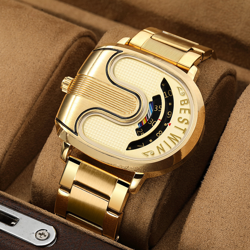 Montre homme en alliage doré en forme de U, mouvement à quartz, style luxueux/rétro. Coffret cadeau non inclus._voghion.com