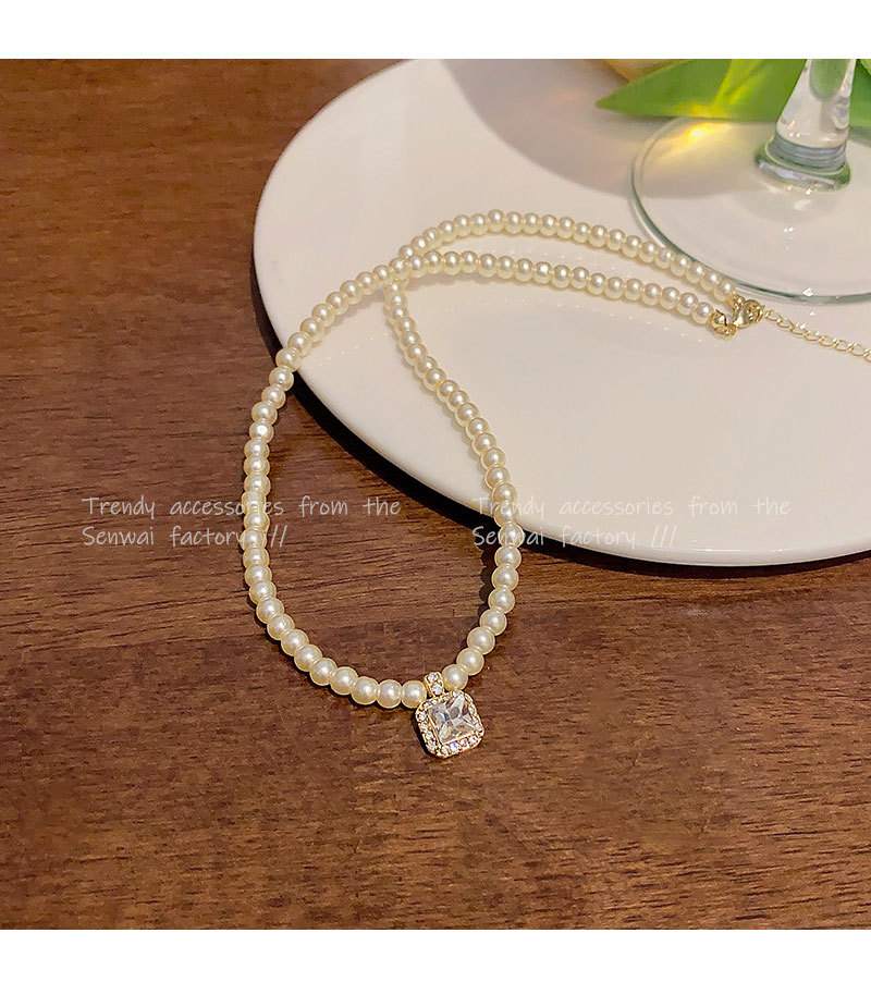 high-grade rhinestone square sugar pearl necklace for women light luxury minority elegant beaded clavicle chain internet celebrity same style ornament undefined