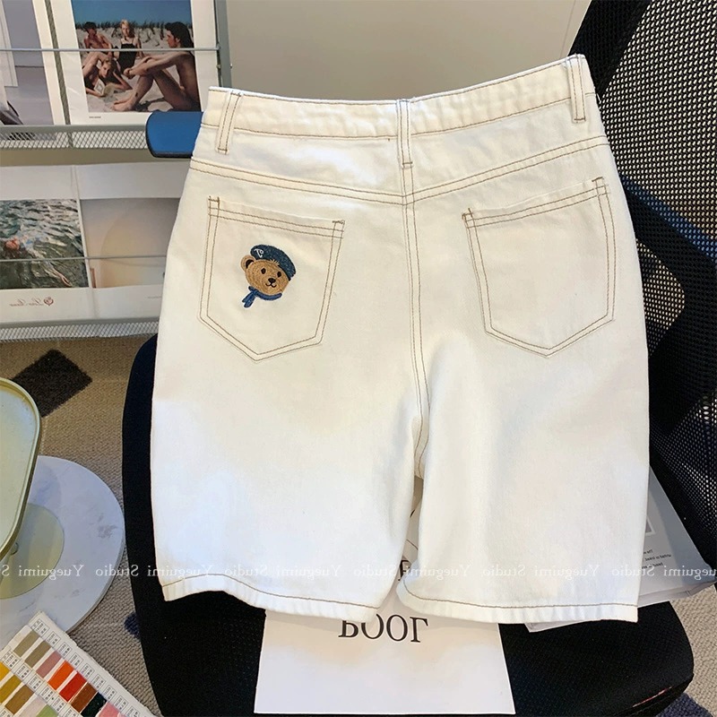 아울렛 ~ 정품 스페셜 화이트 데님 반바지 여성용 여름 하이 웨이스트 슬림 와이드 레그 팬츠 스트레이트 베어 팬츠