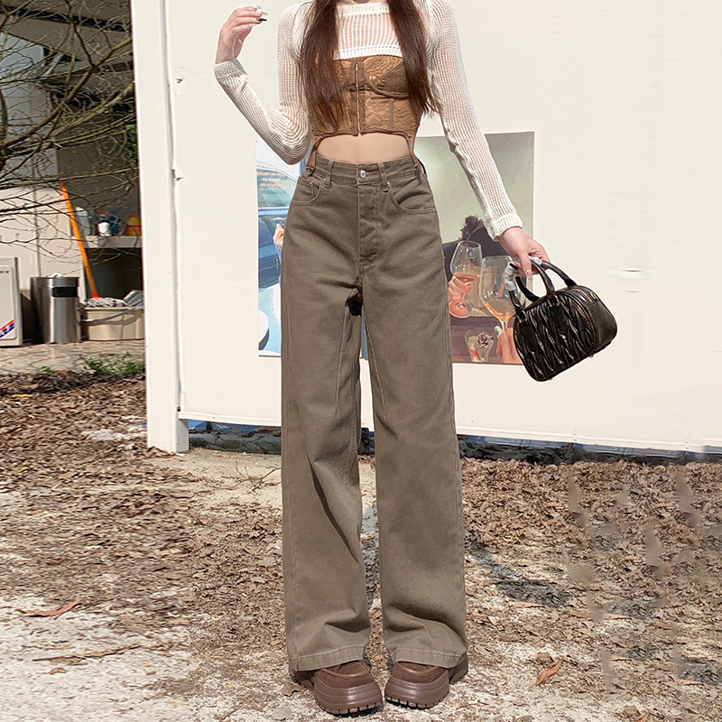 Vintage Washed Straight-Leg Jeans for Women, 2026 Autumn/Winter New Deep Khaki Narrow Wide-Leg Floor-Length Pants