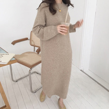 秋冬新款圆领针织衫女宽松慵懒过膝针织连衣裙韩版打底衫超长毛衣