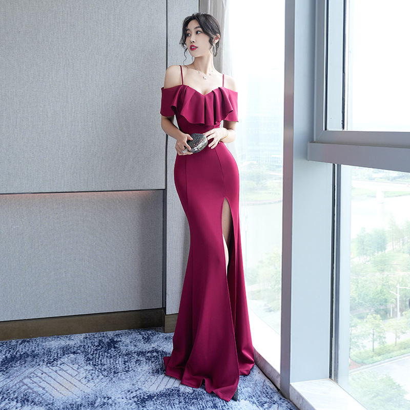 Sexy Low-Cut Suspender One-Shoulder Lotus Leaf Sleeve Long Skirt Slim High Slit Nightclub Cocktail Party Model Toast Evening Dress