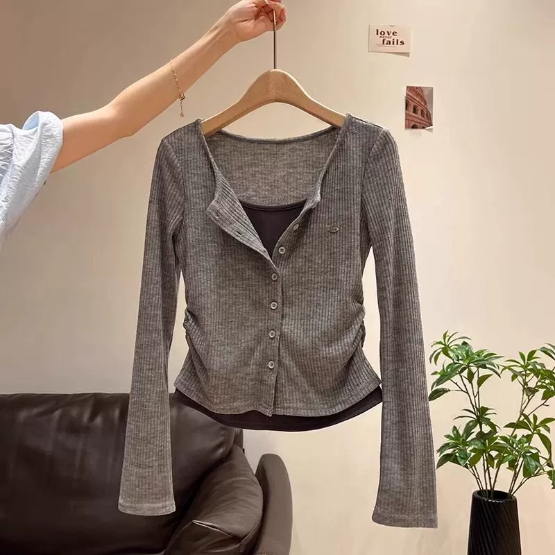 Fat MM сращивание контрафактного цвета две футболки с длинными рукавами плюс размер дизайн складки, тонная талия, внутренняя нижняя рубашка ins