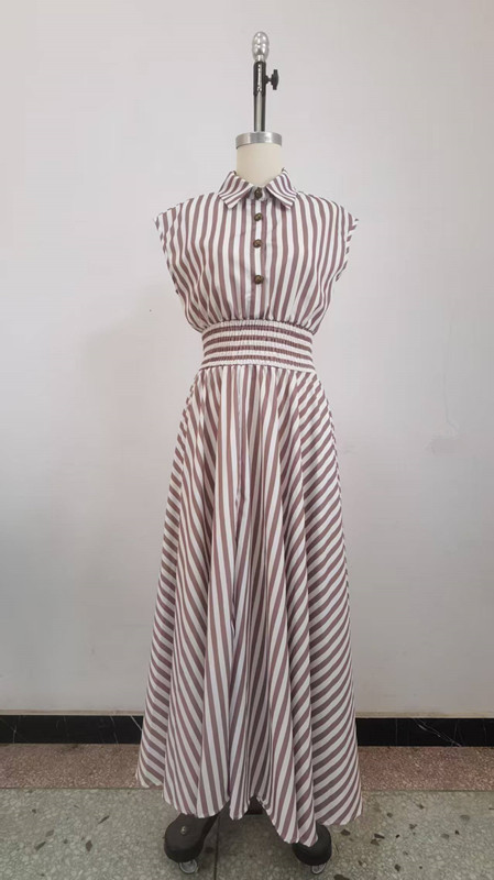 Women's Clothing Spring New Arrival Elegant Retro Striped Shirt Collar Short Sleeve Full Skirt Dress Fashion Waist Cinching American Style_ecoleips.com