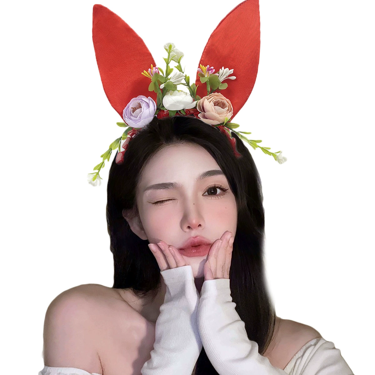 Headband Red Rabbit Lace Ears, Handmade Hair Accessory, High-Quality Graduation Party Style