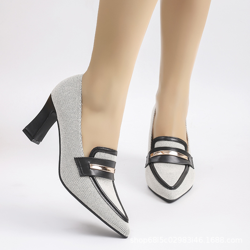 Women's High-Heeled Pointed-Toe Shoes, Chunky Heel, Full-Coverage Loafers, Mary Jane Shoes, Deep-Cut Women's Shoes, Color-Blocking, Fashionable and Versatile
