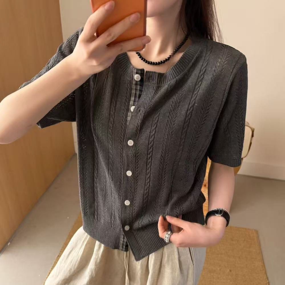 Old money linen!Nouveau riche old money style!Japanese linen edged short-sleeved knitted cardigan women's t-shirt thin top 4