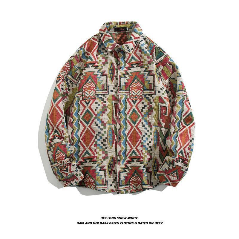 Camisa de manga larga bordada tejida retro japonesa hombres vintage barroco étnico suelto casual otoño e invierno abrigo de pareja