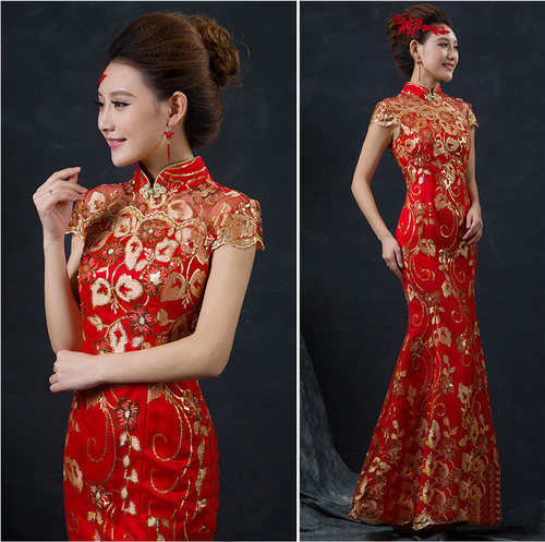 Toast dress the bride restoring ancient ways  red long show thin cheongsam fishtail wedding dress 