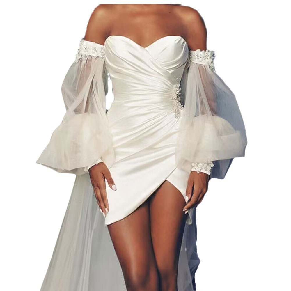Comercio exterior europeo y americano Amazon AliExpresswish temperamento vestido de novia corto de malla de pecho burbuja vestido de novia de manga larga