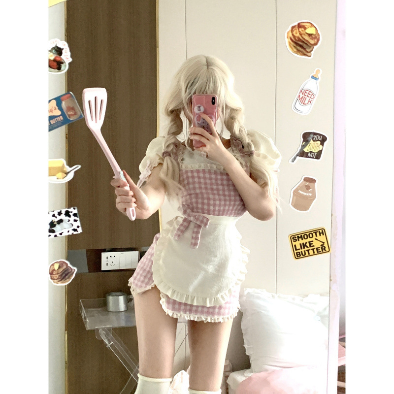 少女椰子 甜廚 夏季粉色格子吊帶連衣裙泡泡袖兩件套裝裙女