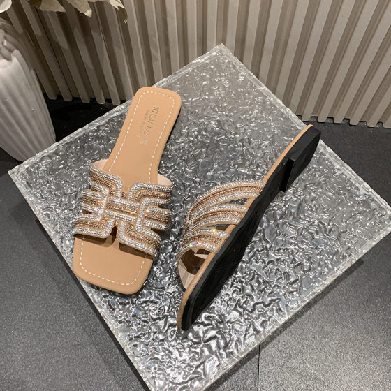 35-44 plus size cross-border foreign trade flat-bottom slippers diamond-encrusted summer wear fairy beach sandals
