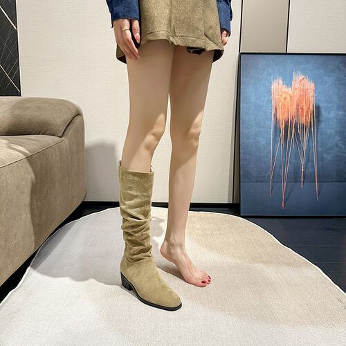 French Retro Chunky Boots Western Cowgirl Boots Autumn Tall Boots for Women Petite Khaki Long Boots