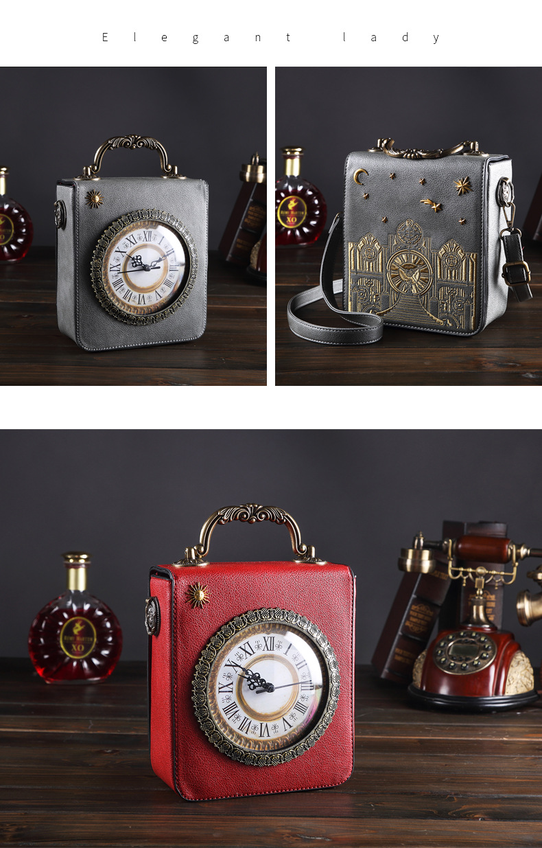 Pu Leather Material Women's Medium Pu Leather Clock Vintage Style Square Zipper Handbag