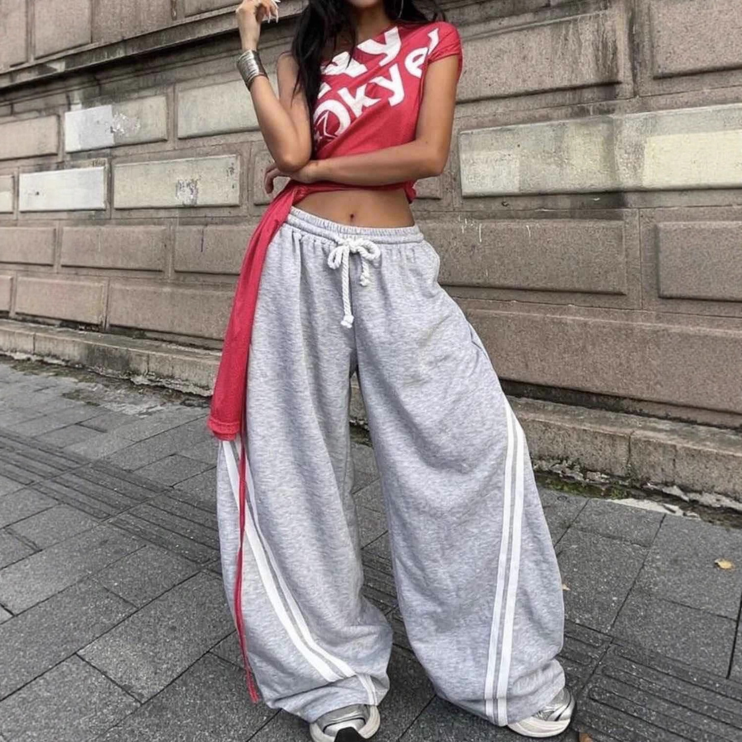 Comercio exterior transfronterizo calles rayas gris pantalones deportivos elásticos cintura casual suelta cintura alta piernas largas pantalones de trapaza image 3