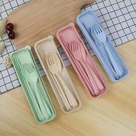 小麦秸秆创意可爱儿童长柄便携餐具盒学生韩版筷子叉勺子三件套装