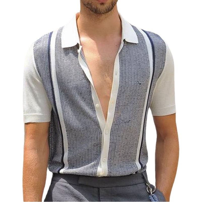 Amazon Europa y América del verano de los Hombres Nuevo contraste color rayas suéter manga corta camisa polo la solapa BK0014