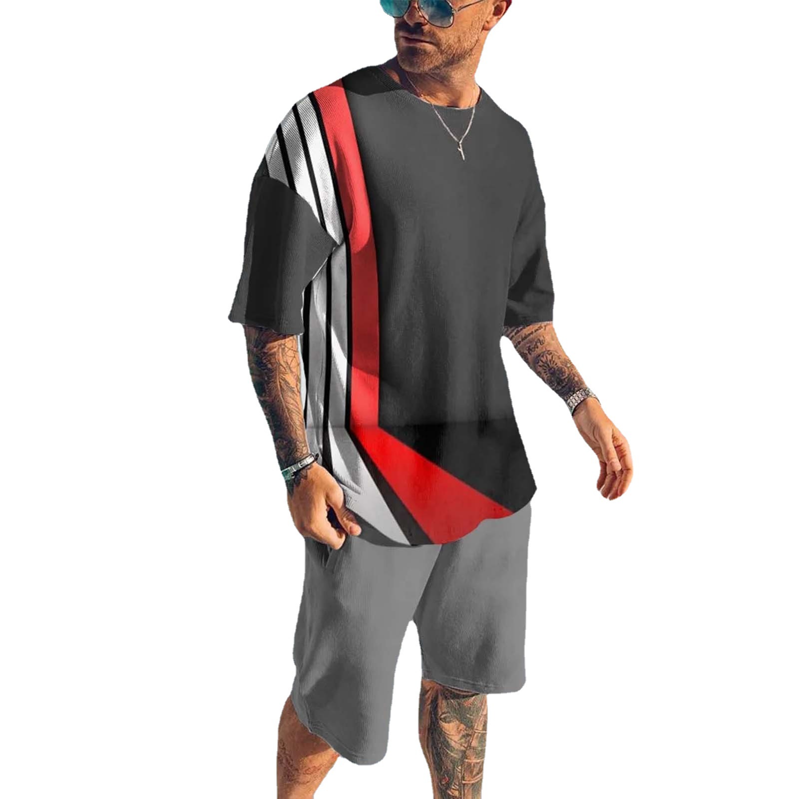 2023 verano europeo y americano de los hombres moda casual playa estilo textura Impresión digital manga corta pantalones cortos traje comercio exterior