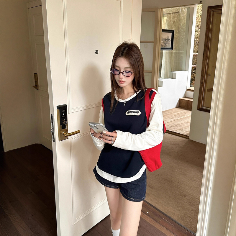 mi u 长袖T恤超美假两件设计上身很有层次感外层珠地面料减龄T恤|undefined