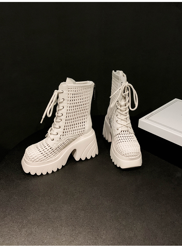 Boot nữ cổ thấp đế dày tăng chiều cao, gót thô đan thoáng khí — màu đen, màu trắng ngà, bạc chi tiết 22