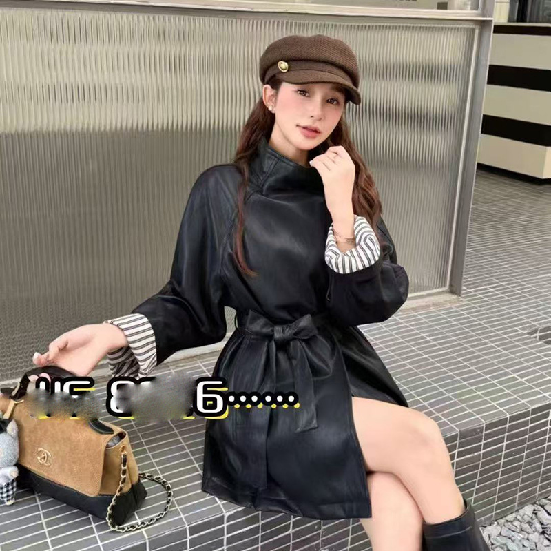 2025早秋新款韩版时尚翻领长袖中长款皮衣外套女宽松显瘦百搭上衣|undefined