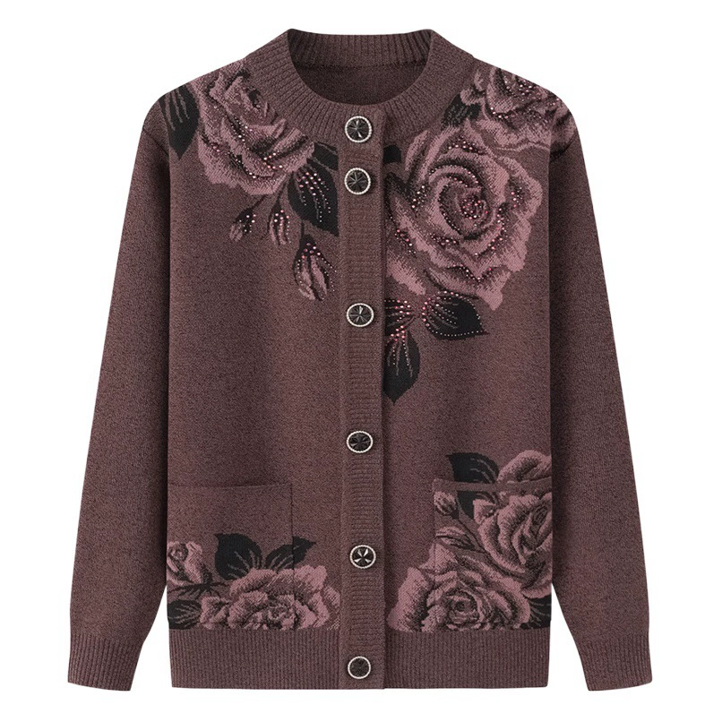 Свитер для бабушки Кардиган на флисовой подкладке Осенне-зимняя одежда для людей среднего и пожилого возраста Вязаное пальто для женщин и пожилых людей, утепленное на весну и осень