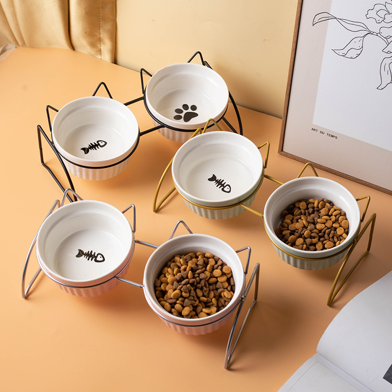 Fábrica al por mayor de cerámica gato comida tazón cuello protección diseño bebedero gato arroz tazón doble tazón antidetonante perro tazón de comida