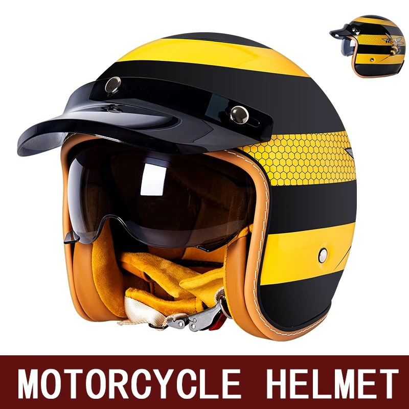 Retro Helmet 3/4 Cruise Motorcycle Autumn and Winter Men's and Women's Electric Vehicle Half Helmet with Built-In Lens Motorcycle Cycling Helmet