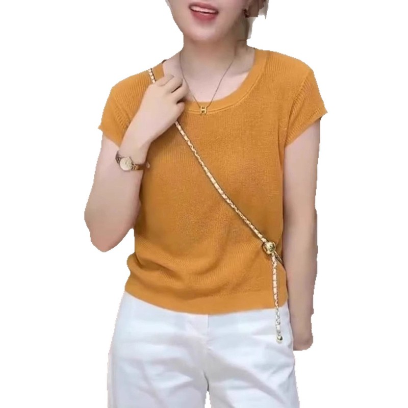韩版休闲简约日常百搭款橘色上衣女2025夏季高级感薄款防晒针织衫|undefined