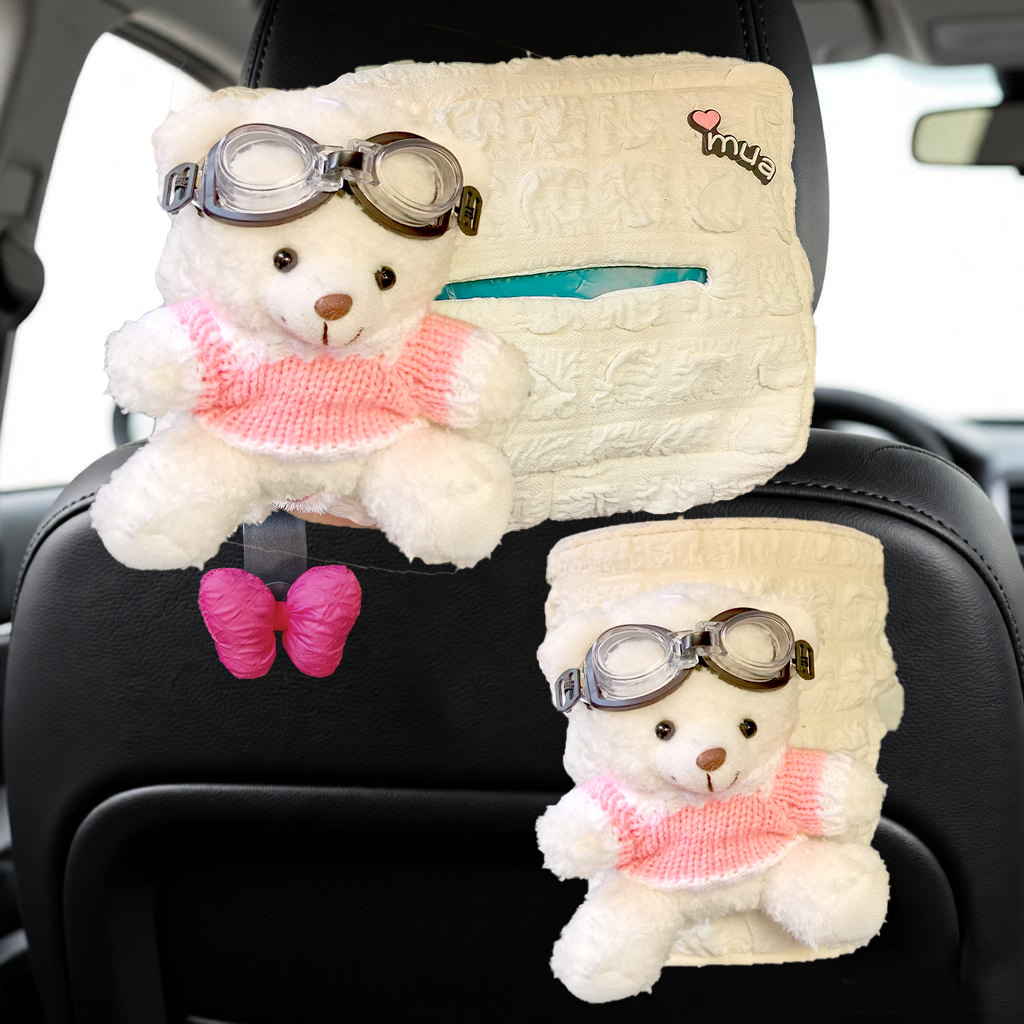 Caja de toallas de automóvil caricatura lindo oso colgante multifuncional niña creativa caja de extracción de papel decoración basura interior