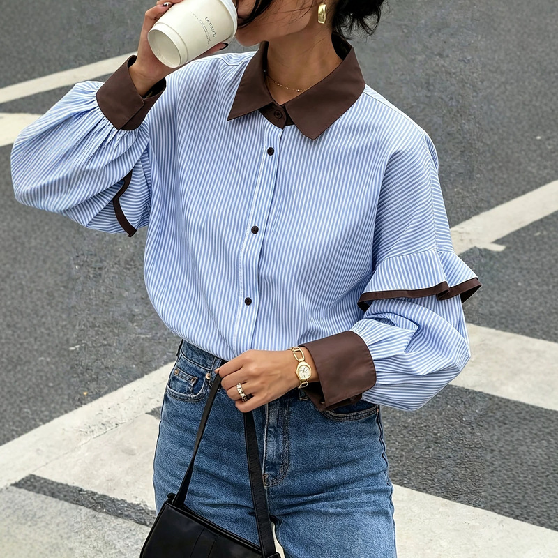 European and American 2026 Fall Collection Long Sleeve Striped Loose Casual Korean Style College Style Women's Shirt Top European and American 2026 Fall Collection Long Sleeve Striped Loose Casual Korean Style College Style Women's Shirt Top