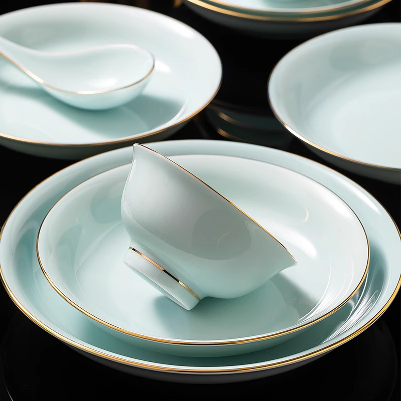 Celadon Bone China Hotel Supplies Household Ceramic Tableware Set Club Restaurant Celadon Tableware Bowls Plates Spoons Dishes