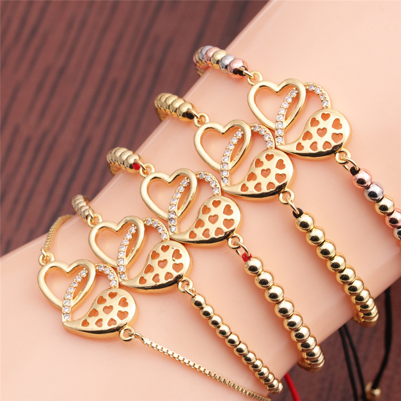 Fashion golden zircon double heart adjustable bracelet