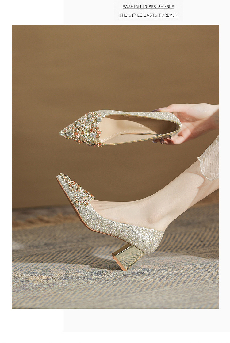 Giày cưới nữ mũi nhọn đính sequin gót dày Jin Gang CH60-50 — Màu sâm panh chi tiết 15