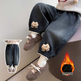 女童牛仔裤冬季灯笼裤女宝宝韩系洋气时髦长裤小猫加绒收口裤子潮