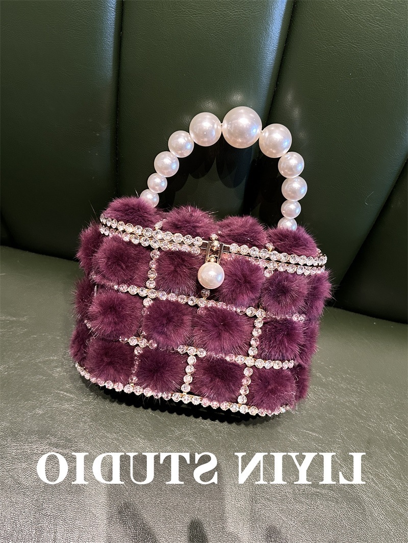 Cross-Border Metal Pearl Mink Faux Fur Bucket Bag, Sparkling Rhinestone Birdcage Handbag And Crossbody Bag For Banquets - Thumbnail 7