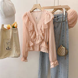 白桃气泡~洋气荷叶边长袖V领新款2025年早秋显瘦短款雪纺衫女