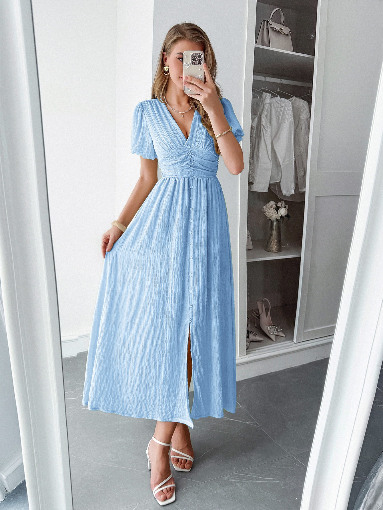 327g Weight Midi Dress Dress Length Type Short Sleeve Sleeve Length Sheath Dress Dresses Type Polyester Fabric Type Mid Waist Waist Line Casual, Daily Occasion V Neck Neckline Slim Fit Type Solid Color Pattern Summer Season Women's Gender Vacation Style Wholesale Women's Vacation Solid Color Casual Daily V Neck Short Sleeve Sheath Dress 12