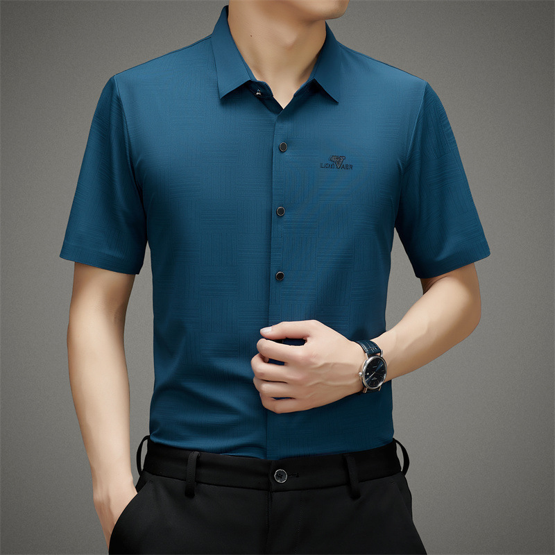 Summer Men's Short-Sleeved Seamless Printed Ice-Feel Shirt Korean Style Slim Lapel Striped Casual Breathable Fashion Versatile Summer Men's Short-Sleeved Seamless Printed Ice-Feel Shirt Korean Style Slim Lapel Striped Casual Breathable Fashion Versatile