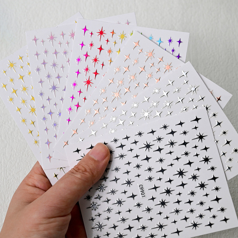 Internet Celebrity Explosions ins Wind Nail Back Adhesive Simple silver Star Laser Tetra-Corner Star 3D Nail Art Sticker Wholesale