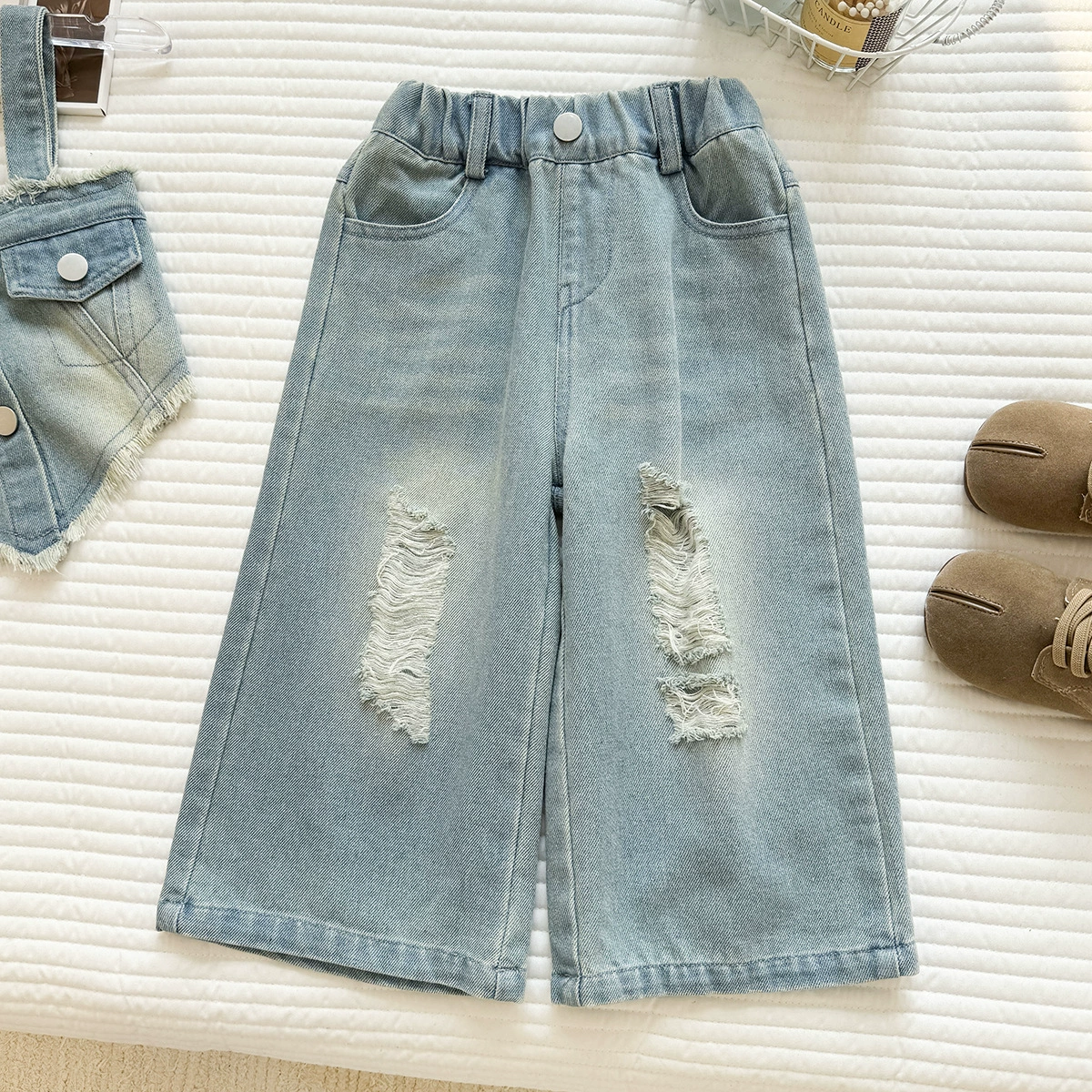 Denim summer set, top with cups, children's trousers