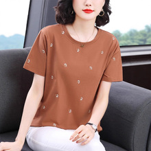 妈妈装时尚夏季绣花短袖体恤女中年宽松大码刺绣上衣圆领半袖小衫